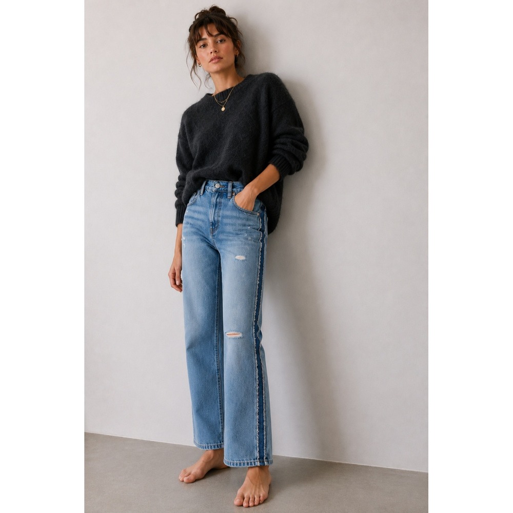 NEW Essentiel Antwerp Side Stripe Distressed Straight Leg Jeans Light Wash US 6